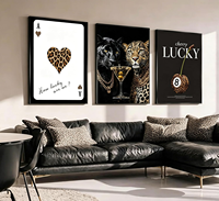 Superbe Art Mural Trio Lucky Ace Léopard Encadré Noir Mat pour Villa de Luxe Océanie Zone de Loisirs Amulette Porte-Bonheur