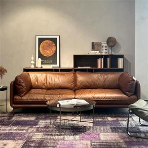 Vintage Waxed Top Grain Leather <b>Sofa</b> Italian Minimal Mid-century Hug Design Straight Couch <b>for</b> Living Room - Product Image 4