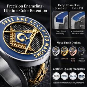 Bague Chevalière Maçonnique en <span class=keywords><strong>Acier</strong></span> Inoxydable Émaillé Bleu pour Hommes, Compas et Équerre Francs-Maçons, Bijoux Personnalisés avec Logo, Fabrication OEM - Product Image 2