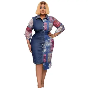 2021 New Denim Lace Patchwork Midi Shirt Jeans Dress Women Print Dashiki African Pencil Dresses Turkey