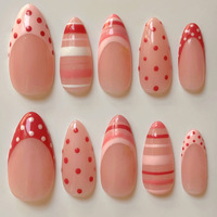 Nouvelles Patchs d'Ongles Français en Forme d'Amande à Pois Rouges et Rayures – Adorables Patchs d'Ongles pour Femmes, Vente en Gros Usine