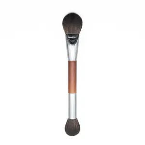 4-Piece Professional Dual Ended Vegan Face Makeup Brush Set With Gunmetal Ferrule Brown Wood Handle For Powder Foundation Usage