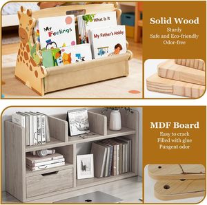 Étagère à livres pour enfants, double face, en bois, avec poches en toile robustes, bords arrondis, bibliothèque pour chambre d'enfant, rangement de jouets - Product Image 6