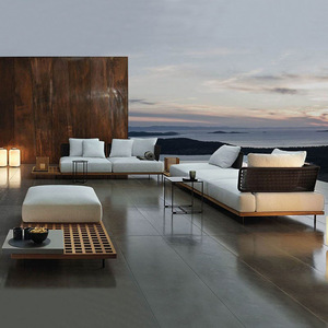 Ensemble de canapés de cour extérieure, style nordique, villa, hôtel, mobilier de jardin, bois massif, imperméable, protection solaire, tissage de vigne, canapé en teck - Product Image 1
