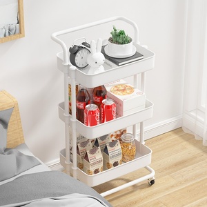 Chariot utilitaire à 3 niveaux en maille avec poignée et roues verrouillables, étagères de rangement multifonctionnelles pour la cuisine, le salon, le bureau - Product Image 2