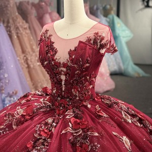 ชุดราตรีงาน Quinceanera รุ่น Dy1569 สีเบอร์กันดี ประดับดอกไม้ 3 มิติ แบบ Sweetheart ผ้าตาข่ายสีนู้ด ประดับลูกปัดวิบวับ ผ้าทูลล์ ยี่ห้อ Jancember - Product Image 2