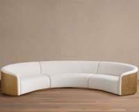Canapé modulaire incurvé avec tissu bouclé, design demi-lune en 3 parties, côtés en bois cannelé, base en métal doré, luxe