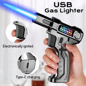 Encendedor de chorro de pistola en forma de pistola moderno al por mayor con llama azul a prueba de viento diseño recargable de gas <span class=keywords><strong>butano</strong></span> USB recargable - Product Image 2
