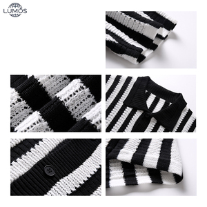 Cárdigan de punto transpirable de alta calidad para <span class=keywords><strong>hombre</strong></span>, con rayas, manga corta, cuello solapa, estilo polo, de una sola botonadura. - Product Image 5