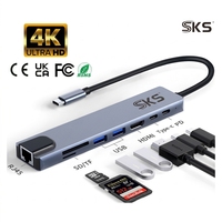 Adaptateur Hub USB-C 8-en-1 avec Ethernet pour USB 2.0, USB 3.0 4K, Lecteur de Cartes SD, Recharge PD, en Alliage d'Aluminium Argenté – En Stock