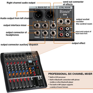 Table de Mixage Audio Professionnelle Biner DX6 à <span class=keywords><strong>6</strong></span> Canaux avec Bluetooth, Effet DSP Réverbération Intégré et Enregistrement USB - Product Image 2