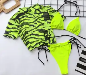 3 Warna Populer Pakaian Pantai Jaring Lengan Pendek Atasan Berlapis Ganda Kain Pakaian Renang Bikini Tanpa Kelim