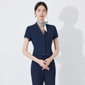Women's Professional Workwear Short Sleeve Navy Blue Hotel Uniform Polyester Fabric Elegant Design - Product Image 1