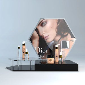 Custom Hexagonal Acrylic <b>Display</b> <b>Rack</b>, Countertop Cosmetic Showcase with Picture Frame for Beauty Store - Product Image 1