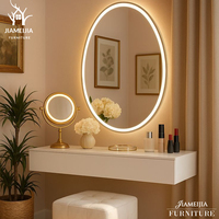 Meuble-lavabo flottant sur mesure avec grand miroir LED rond, panneaux cannelés, bureau de maquillage, mobilier pour projets hôteliers, vente en gros