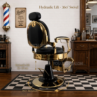 Fauteuil de Barbier Hydraulique Vintage Doré Entièrement Noir pour Hommes, avec Appuie-tête Réglable et Repose-pieds Rabattable, Vente Directe Usine pour Salons de Coiffure
