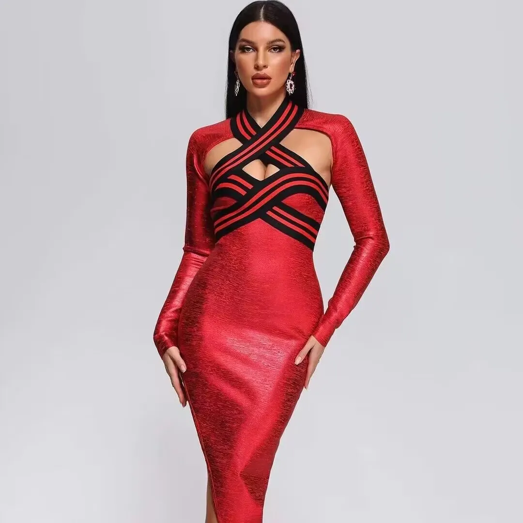 C3289 robe rouge de soirée pour femme, tenue de soirée formelle, plissée, poitrine, croix, diamant, boucle, sangle, style swarovski