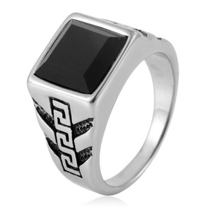 yunnique Men's <b>Titanium</b> Steel <b>Ring</b> Black Agate Square Geometric Design Retro Punk Style Bezel Setting Gift Jewelry - Product Image 1