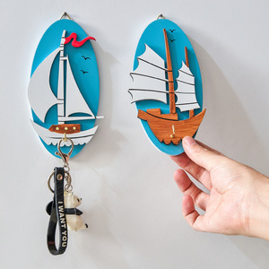 Mediterranean Style Wooden <b>Wall</b> <b>Hooks</b> Oval Shape Multi Piece Package Home Decoration Key Holder Coat <b>Rack</b> Scenic Design - Product Image 2