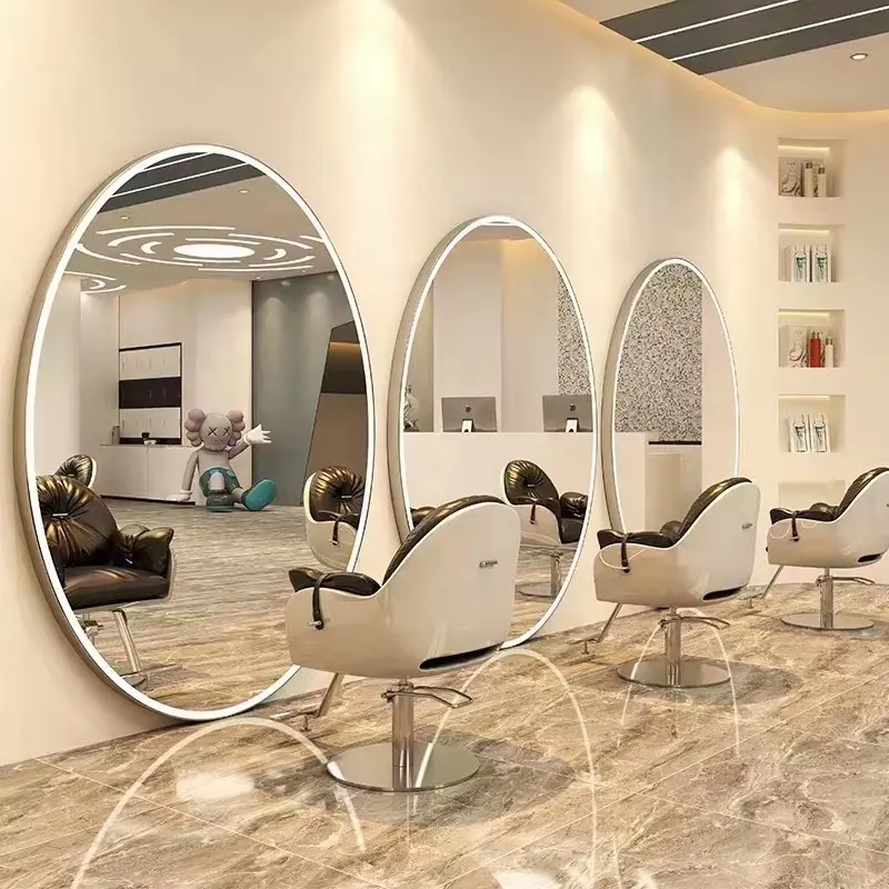 Meja Cermin Barber Emas Mawar Emas Stasiun Salon Rambut Khusus Cermin Lingkaran Semi-sirkuit dengan Cermin Led Salon Rambut