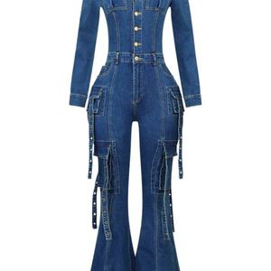 จั๊มสูทเดนิมทรงขาบานแบบใหม่สำหรับผู้หญิง คอปกพับติดกระดุม แขนยาว - Product Image 3