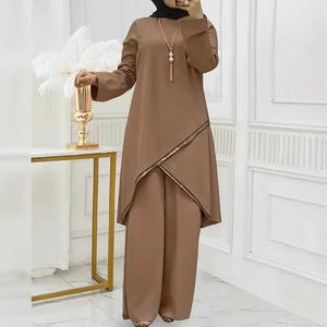 Ensemble décontracté deux pièces pour femme musulmane, manches longues, col rond, avec dentelle, pantalon ample et chemise, pour toutes les saisons (printemps, automne, hiver, été) - Product Image 1