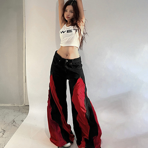 Pantalon baggy streetwear en toile respirante avec panneaux color block - Taille basse, silhouette oversize, fermeture éclair, automne - Product Image 1