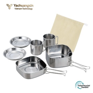 Stainless Steel <b>Camping</b> Cookware Set 6-Piece <b>Foldable</b> Portable Outdoor Dinnerware Kit Cups Plates Pots Dishwasher Safe for - Product Image 4