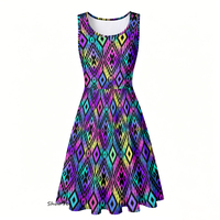 Robe d'été décontractée pour femme, motif Ikat coloré et vibrant, sans manches, coupe trapèze évasée, style skater, avec poches, motif géométrique