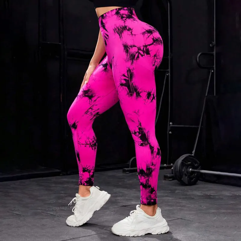 Custom Sexy Perzik Hoge Taille Yoga Leggings Tie-Dye Print Sneldrogende, Zachte Fitness Strakke Broek Voor Gymtrainingen Voor Dames