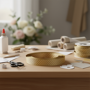 Nastro di Lino ILAN 35x200Cm Oro con Puntini Bianchi per Decorazioni e Artigianato - Product Image 3