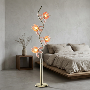 Curved Golden Stem 4-Light Lotus <b>Floor</b> <b>Lamp</b>, Semi-transparent Pink Acrylic Petals Decorative Standing <b>Lamp</b> - Product Image 1