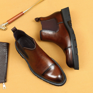 Botas de cuero genuino para hombre, punta redonda, sin cordones, suela de goma antideslizante, para otoño, color sólido, zapatos de boda, envío directo. - Product Image 6