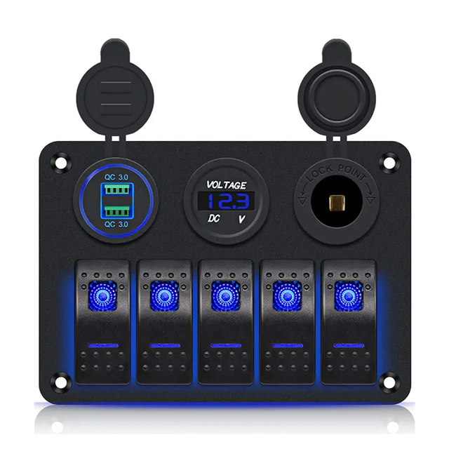 Boman BM-Switch DC 12V USB QC 3.0 Type-C Voltmeter Blue LED 5 Gang Rocker Switch Panel for Cars Boats Marine RV Trucks