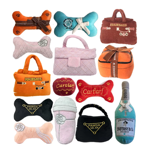 Custom Design Logo Multi Brand Interactive Pet Chew Toy Plush Bone Ball Handbag Champagne Dog Squeaky Toys Bite Accessory