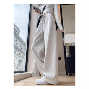 Women's High Waisted Loose Straight Leg Sweatpants Light Gray Casual Pants Breathable Knitted Fabric Spring Autumn Wear - Product Image 1