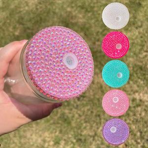 Couvercles en strass réutilisables en plastique pour bocaux Mason de 16 oz avec trou pour paille, couvercles colorés en PP acrylique à large ouverture, couvercles en strass - Product Image 1