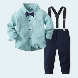 Bé Trai Quần Áo 4Pcs Lò Xứng Mùa Thu Mới Trẻ Em Bé Trai Dài Tay Áo Sọc Bowtie Tops + Treo Quần Quần Áo Giản Dị Trang Phục