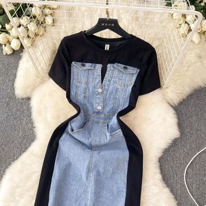 2024 nouveau col rond à manches courtes Patchwork longue en gros été <span class=keywords><strong>chemise</strong></span> <span class=keywords><strong>Jean</strong></span> Denim femmes mode tenue décontractée pour dames - Product Image 4