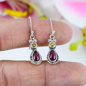 Garnet & <b>Citrine</b> Silver Drop <b>Earrings</b> | Dual Gemstone Teardrop Dangle <b>Earrings</b> | Handmade Designer Jewelry - Product Image 2