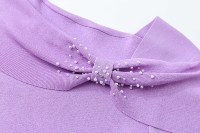 Blusa de punto elegante para mujer con cuello barco, decoración de lazo con perlas hechas a mano, hombros descubiertos, manga midi, ajuste ceñido, color morado