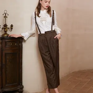 Pantalones de pierna ancha a cuadros para mujer, mono Retro marrón con tirantes