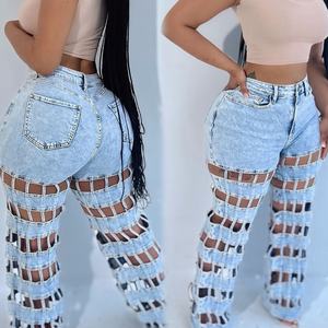 Pantalones rectos de cintura alta con diseño hueco para mujer, estilo vaquero desgastado, a la moda - Product Image 2