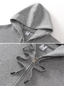 Sweat-shirt à capuche gris avec fermeture éclair, 100% coton, décontracté, couleur unie, coupe ample, respirant, 320g, tricoté, pour homme - Product Image 6