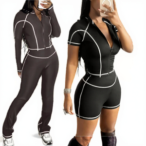 Women's <b>Black</b> Skinny 2 Piece Set Zip up <b>Long</b> <b>Sleeve</b> Short <b>Top</b> and Pants Outfit Spring Casual Sportswear Eco-Friendly - Product Image 2
