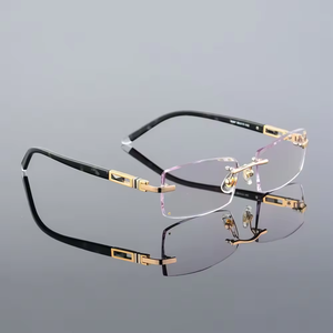 Gafas sin montura con decoración de diamantes de aleación, lentes graduadas planas con tono gris degradado, gafas de sol sólidas y modernas - Product Image 3