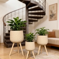 Ensemble de pots à fleurs minimalistes en fibre d'argile, 3 tailles, surface à relief ondulé, décoration de sol, jardinières et pots avec pieds en bois naturel