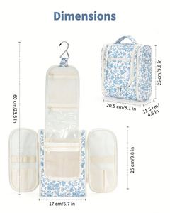 Blue Flower Hanging Toiletry Bag Water-Resistant Makeup Bag with 360° Spinning Metal Hook Large Travel Cosmetic Organizer - Product Image 3