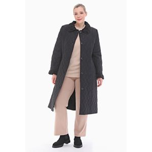 Manteau long matelassé noir à col polo pour femme, taille 48-54 - Product Image 4