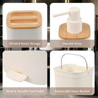 Ensemble d'accessoires de salle de bain en bambou et plastique blanc écologique 6 pièces, distributeur, poubelle, brosse de toilette, porte-brosse à dents et porte-savon
